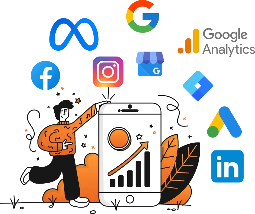 Digital marketing services offered by Team Up Box Agency in Hubli, featuring Google, Meta, Instagram, LinkedIn, and analytics.